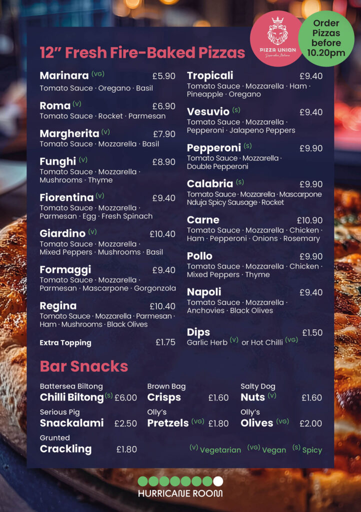 Hurricane Room Pizza and Bar Snacks Menu